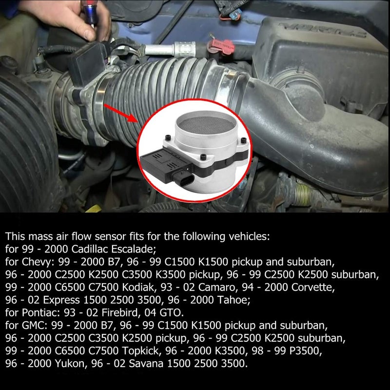 Surwit MA101 Mass Air Flow Sensor (MAFS) for C'-adillac Escalade Chevy B7 C1500 C2500 C3500 Camaro Tahoe Corvette Express Pontiac Firebird GTO GMC K1500 K2500 K3500 Savana Yukon Part# 25008307 - Image 2